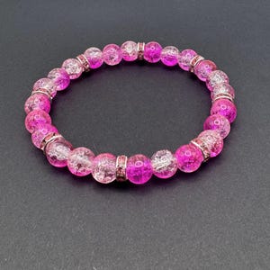 Pink Bracelet with Pink Rhinestones, Handmade Pink Stretch Bracelet, Crackle Glass Beaded Bracelet