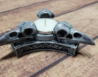 Gothic celtic raven bird skull tealight candle holder