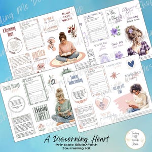 May include: A printable Bible/Faith journaling kit with a watercolor design. The kit includes various journaling prompts, illustrations, and the text "A Discerning Heart". The design features illustrations of women reading and floral accents.