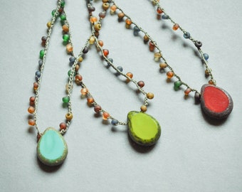 Crocheted multicolor necklace with rustic drop pendant: choose green, turquoise, or red