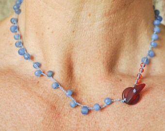 Beach glass toggle clasp with carnelian and rustic blue beads