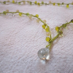 Chardonnay Drop Lariat necklace with prehenite closure, crocheted with green drops and bright green cord image 3