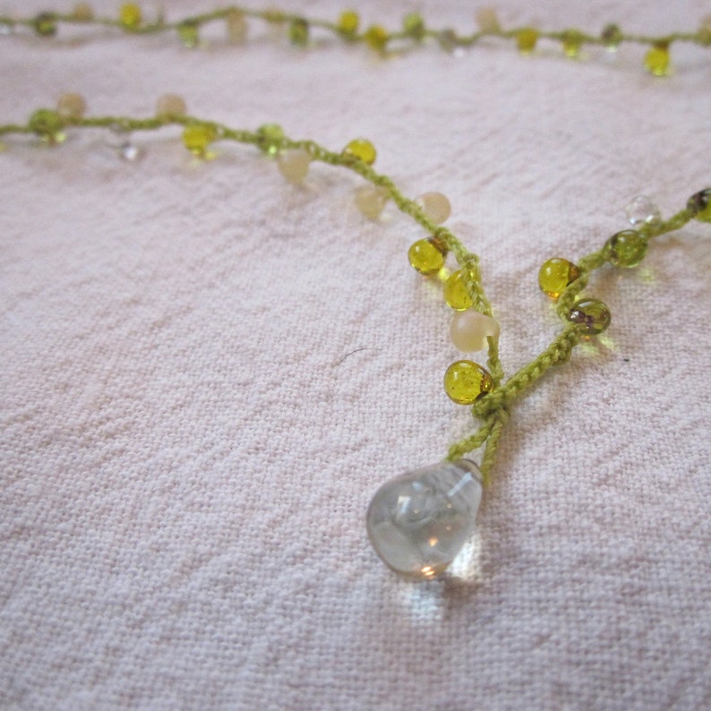 Chardonnay Drop Lariat necklace with prehenite closure, crocheted with green drops and bright green cord image 3