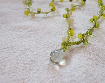 Chardonnay Drop Lariat necklace with prehenite closure, crocheted with green drops and bright green cord