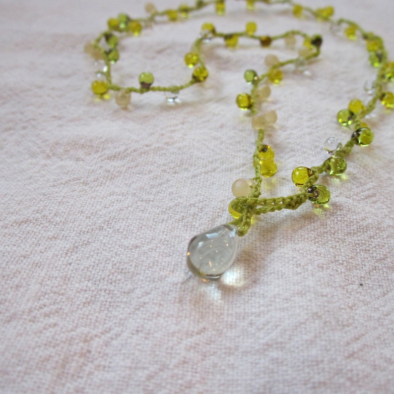 Chardonnay Drop Lariat necklace with prehenite closure, crocheted with green drops and bright green cord image 1