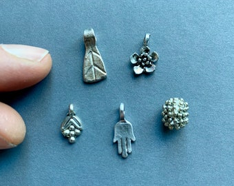 1 Tiny Silver Tone Charm: Leaf, Flower, Hand Pendant