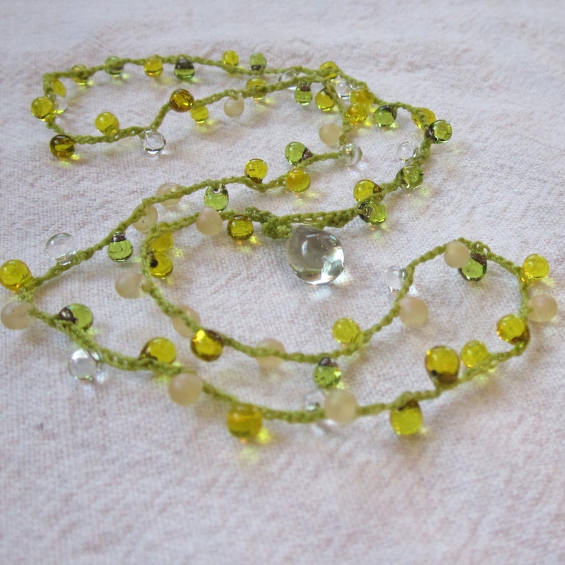 Chardonnay Drop Lariat necklace with prehenite closure, crocheted with green drops and bright green cord image 2