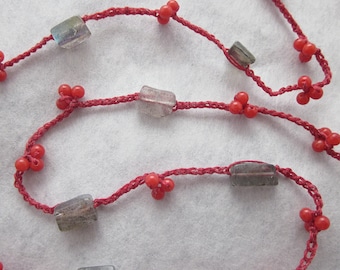 Crochet jewelry Winter Berry Garland minimalist crocheted necklace with coral and labradorite