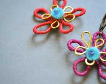 Colorful wrapped flower earrings in red and raspberry