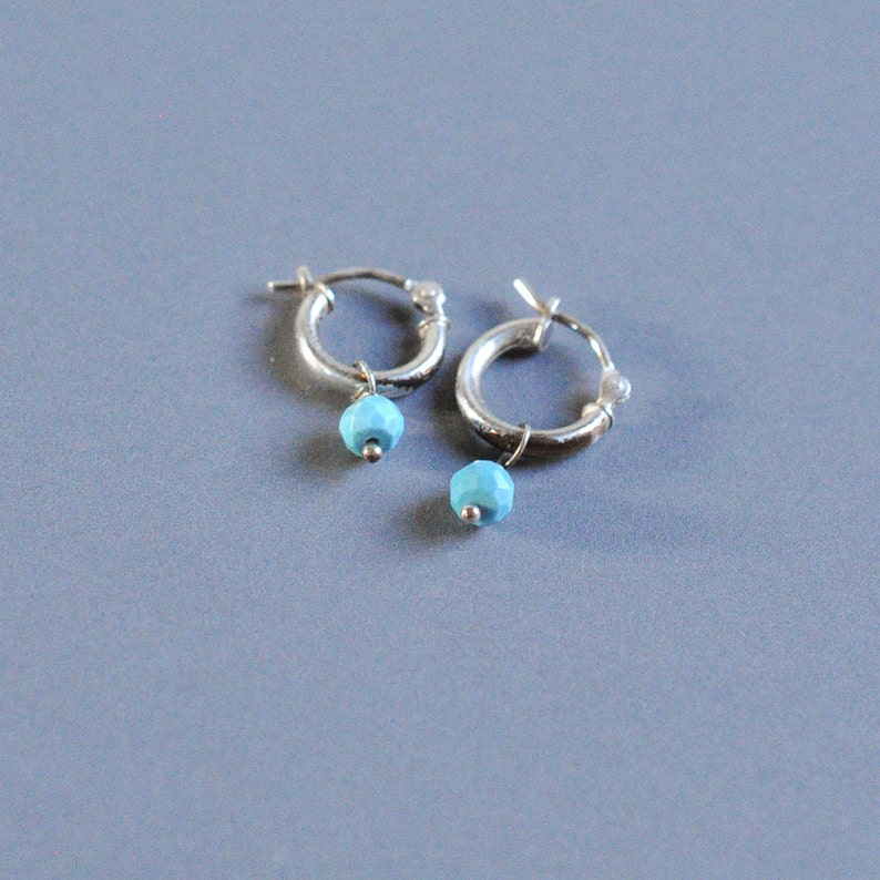 Tiny Gem Hoop Earrings With Genuine Faceted Turquoise Drops Etsy