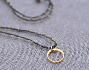 Tiny gold vermiel circle charm pendant (9.5mm) on daintiest crocheted beaded necklace tiny gold colored beads