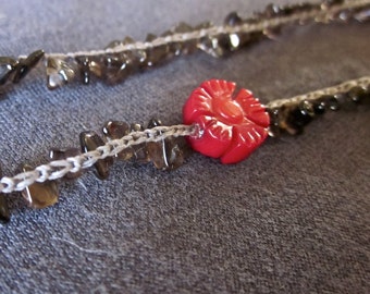 Red Aster in a Field: crocheted gemstone necklace with coral focal and smoky quartz chip strand