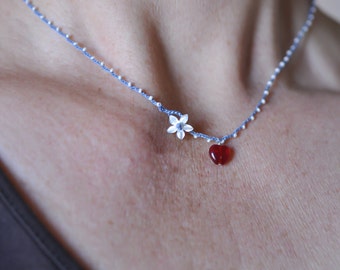 Itty bitty glass heart and shell flower on daintiest crocheted beaded necklace