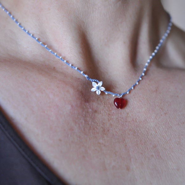 Itty bitty glass heart and shell flower on daintiest crocheted beaded necklace