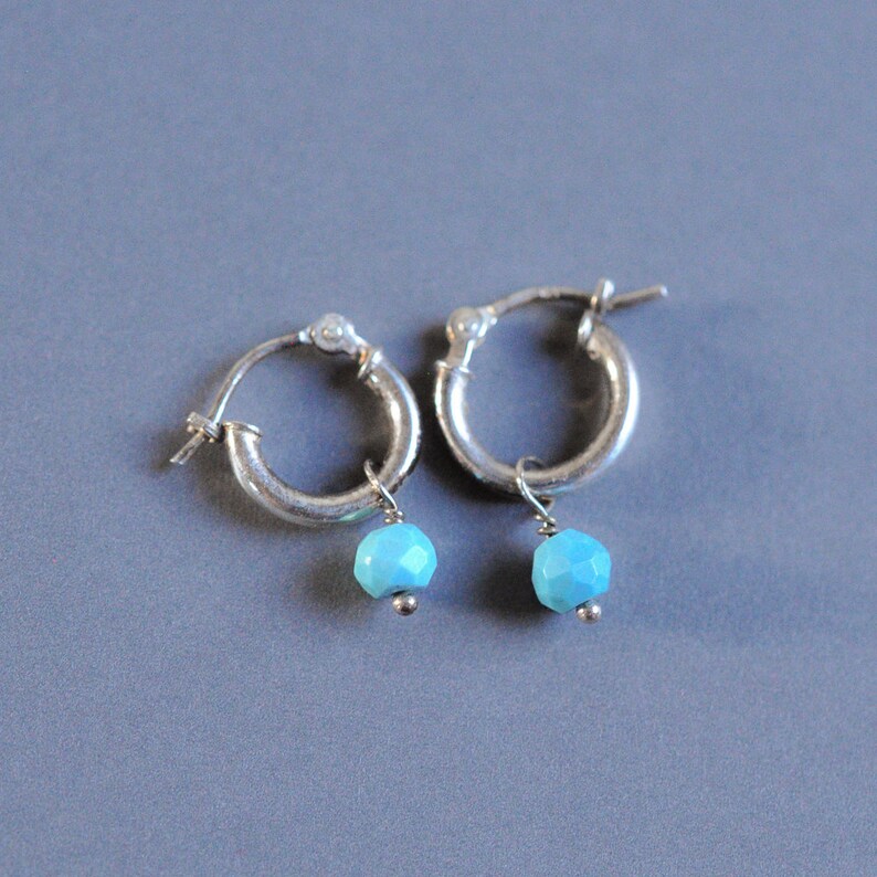 Tiny Gem Hoop Earrings With Genuine Faceted Turquoise Drops Etsy