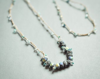 Irridescent cluster blue and beige necklace