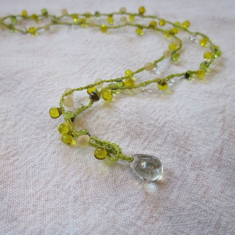 Chardonnay Drop Lariat necklace with prehenite closure, crocheted with green drops and bright green cord image 4