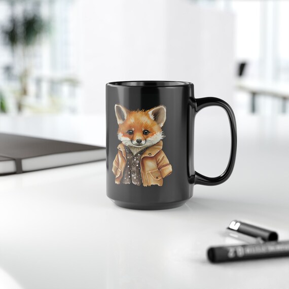 Shortie Cute Fox with Sleeves Rolled Up Black Mug (11oz, 15oz) Ceramic