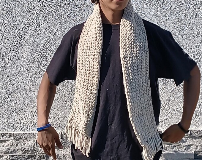 Featured listing image: Handmade Cream Chenille Scarf – Soft Cozy Winter Scarf for Men & Women, Crochet Fringe Wrap, Plush Warm Unisex Gift, Thick Knit Cold Weather