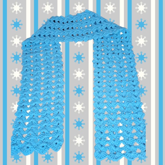 Agua Blue Kids Crochet Scarf – Handmade Triangle Shell Stitch – Soft Yarn for Boys or Girls
