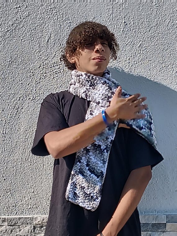 Plush Chenille Scarf for Men & Women – Soft Thick Winter Scarf, Handmade Crochet Gift, Black Grey White Camo Scarf, Warm Cozy Unisex Wrap