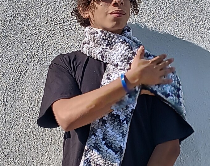 Featured listing image: Plush Chenille Scarf for Men & Women – Soft Thick Winter Scarf, Handmade Crochet Gift, Black Grey White Camo Scarf, Warm Cozy Unisex Wrap