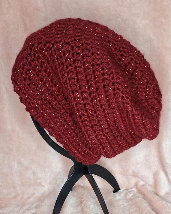 Shimmer Red Slouchy Beanie – Handmade Textured Winter Hat for Women or Men