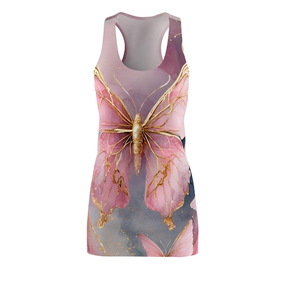 Butterfly Women's Dress, Purple and Gold, Spring Fashion Clothing, Elegant Racerback Dress, Summer Party Outfit, Floral Design Sleeveless