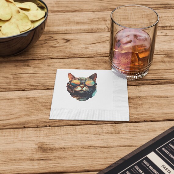 Cool Cat with Sunglasses White Coined Napkins