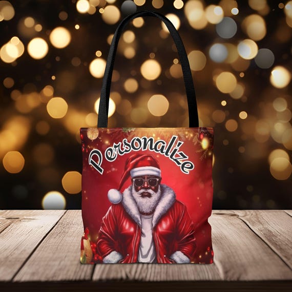 Red Design, Blanta Clause, Classy Black Santa Clause Tote Bag Holiday Shopping, Christmas Gift, Modern Wreath Design, Reusable Shopping Bag