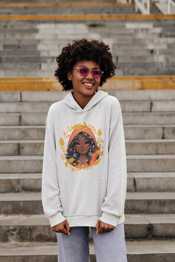 Fall Brown Girl Sparkle Eyes Hoodie, Cute Unisex Fleece Pullover, Holiday Gift for Her, Autumn Leaves Sweatshirt, Cozy Outerwear, Seasonal