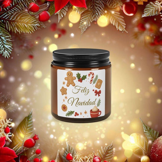 Feliz Navidad Holiday Candle Amber Jar | Soy Candle, Gingerbread & Candy Cane Scent