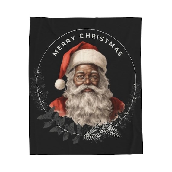 Velveteen Plush Blanket with African American Black Santa in Classic Wreath Design, Urban and Modern Holiday Throw