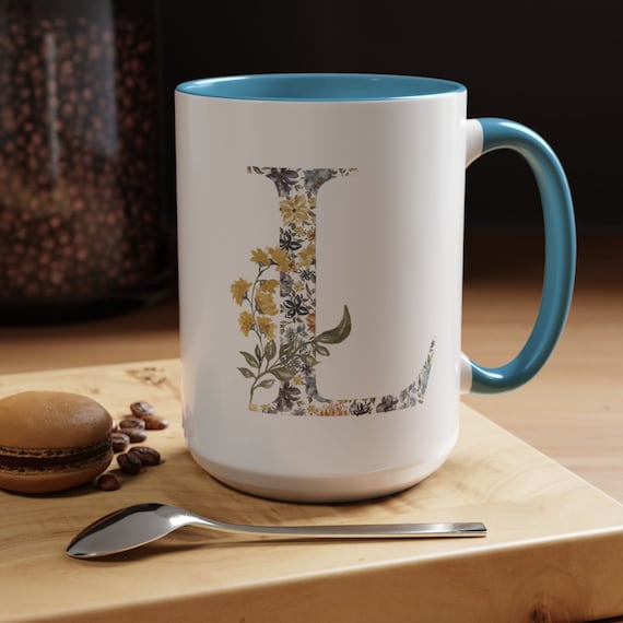 Personalized Floral Letter, Ceramic Accent Coffee Mug (11, 15oz)
