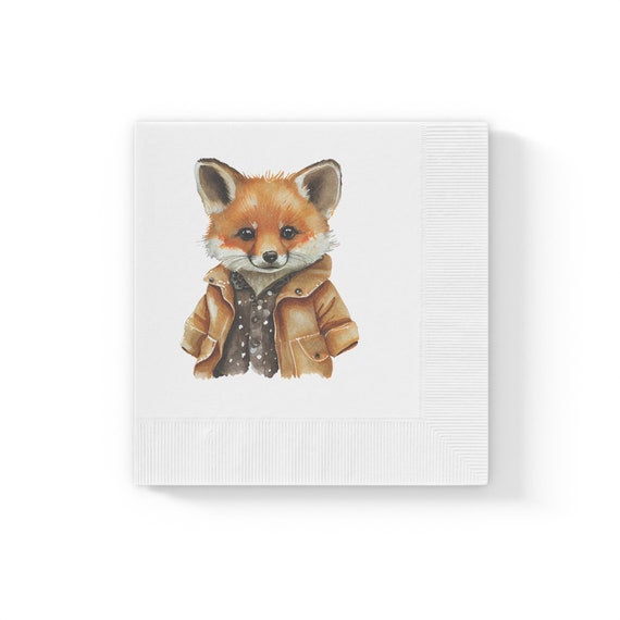 Shortie Cute Fox with Sleeves Rolled Up, White Coined Napkins