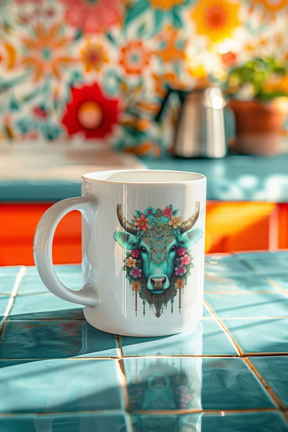 Beautiful Teal Floral Bull White Ceramic Coffee Mug