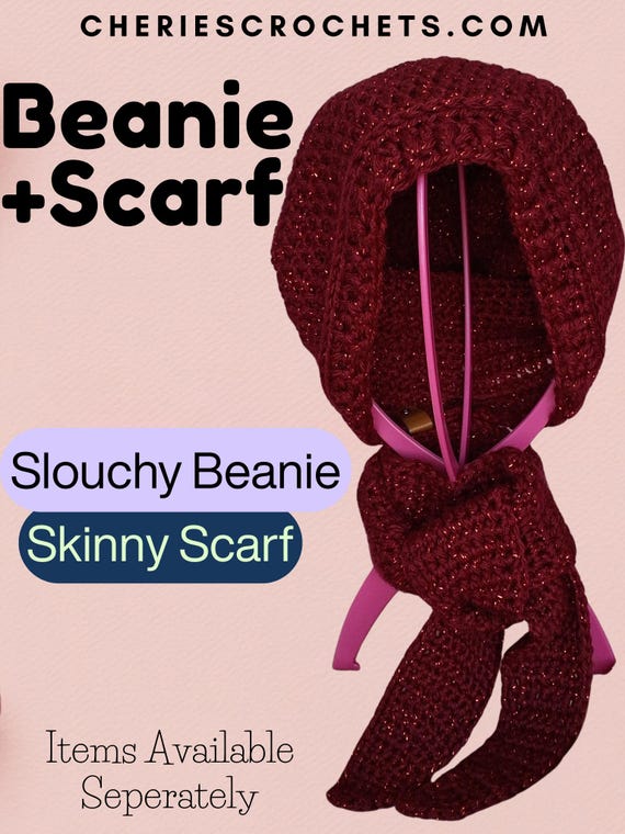 Sparkling Burgundy Slouchy Beanie and Skinny Sophie Scarf – Handmade Crochet Winter Romantic Sparkly Gift – Beanie and Scarf Sold Separately