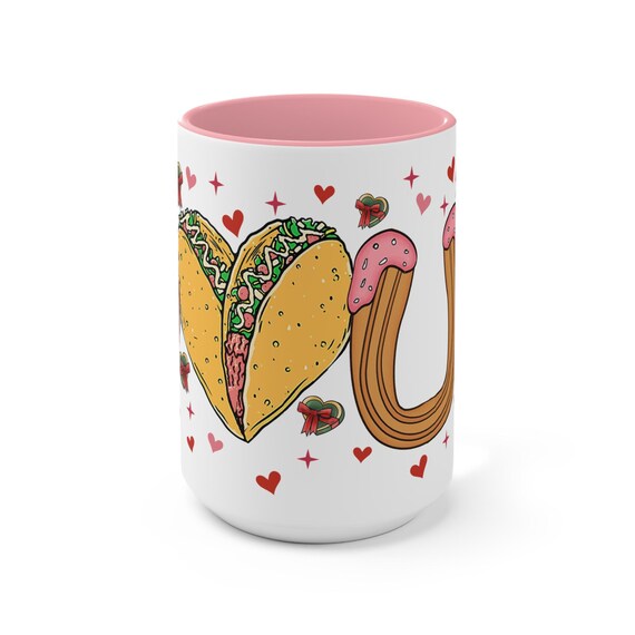 Mexican street food foodie- decadent churro heart shaped tacos and corn on the stick (elote) dripping in butter, very seductiveAccent Mugs