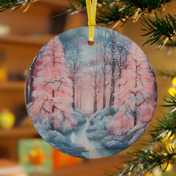 Pink Forest Christmas with Crystal Lake Stream, Holiday Decor, Christmas Ornaments, Tree Decorations, Pink Forest Decor,