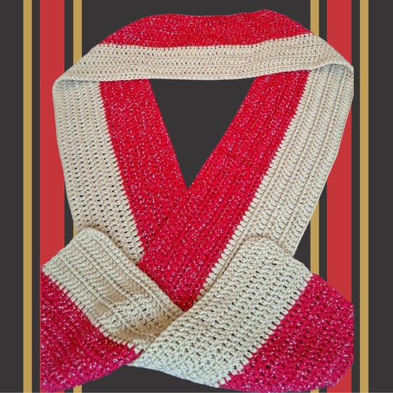 Extra Long Red & Gold Sparkle Scarf – Handmade Wide Acrylic Football Fan Accessory – 49ers Inspired