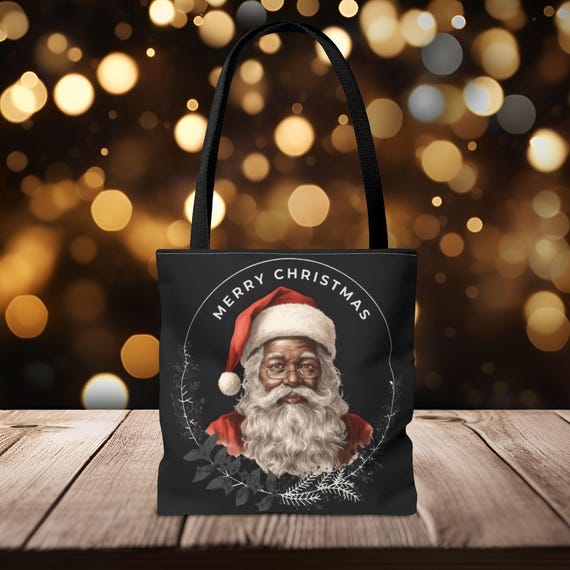 Blanta Clause, Classy Black Santa Clause Tote Bag for Holiday Shopping, Christmas Gift, Modern Wreath Design, Reusable Shopping Bag