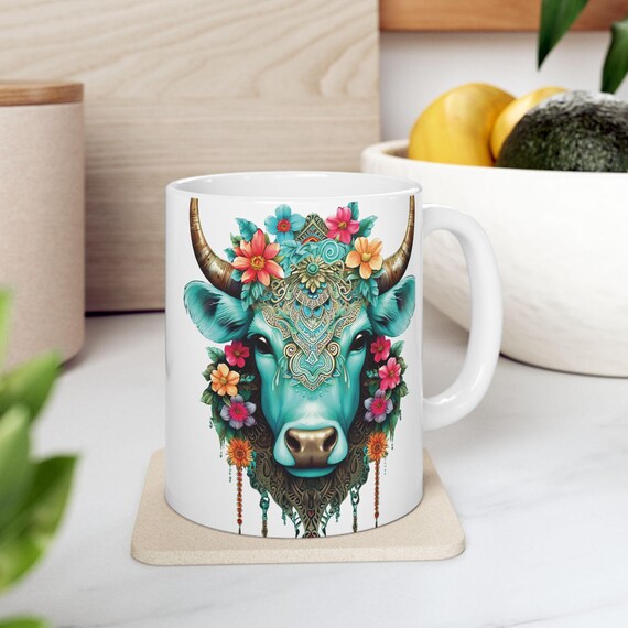 Teal Floral Bull Ceramic Mug, (11oz, 15oz)