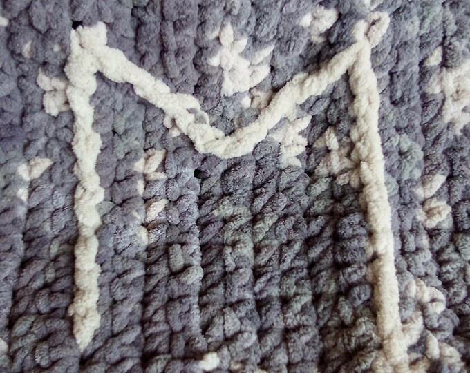 Featured listing image: Baby Blanket Handmade– Silver Steel Speckled Plush Chenille, 41” x 30” Ultra-Soft Crochet Blanket with Birch Trim, Cozy & Stylish