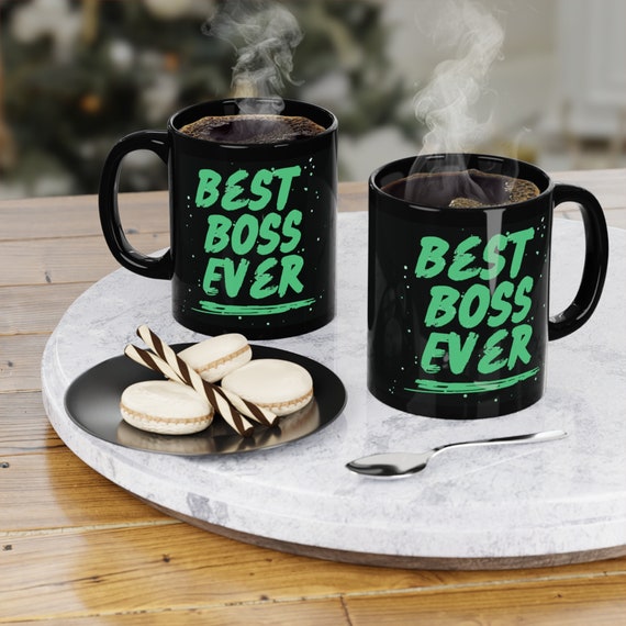 Best Boss Ever Neon Green Text Black Coffee Mug, 11oz