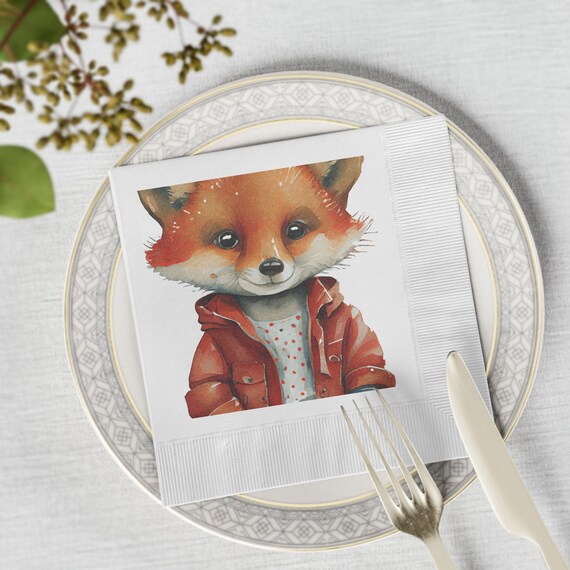 Red Jacket Cute Fox White Coined Napkins
