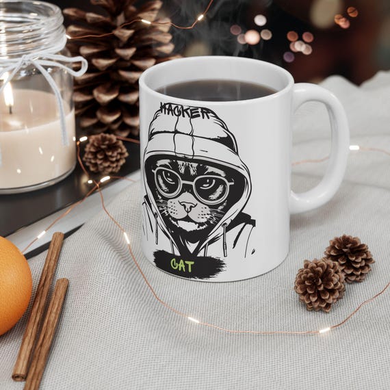 Hacker Cat in a Hoodie, Ceramic Mug, (11oz, 15oz)