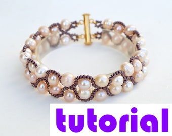 Tutorial: Double row pearls bracelet Step by step instructions for creating bead woven bracelet with two rows of pearls T29