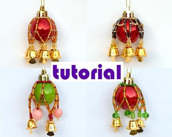 Tutorial: Mini Christmas ornament cover with bells, 4 in 1 bargain Beading tutorials Beading pattern Ornament pattern PDF instructions T21