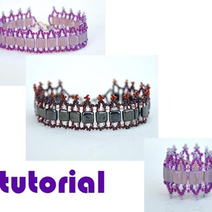 May include: Three beaded bracelets with a crown-like design. The bracelets are made with purple, lavender, and clear beads, as well as dark grey square beads. The word "tutorial" is written in purple letters on a white background.