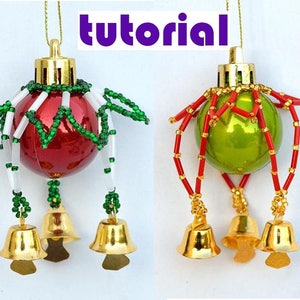 Tutorial: Mini flower Christmas ornament with bells, 2 variations Beading tutorials Beading pattern Ornament pattern PDF instructions T22